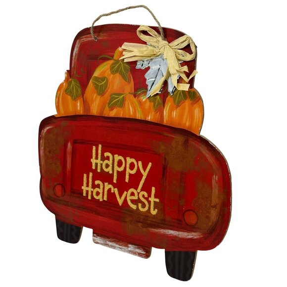 Happy Harvest Red Truck Pumpkin Wall Hanging Fall Autumn Farmhouse Decor Sign - Picture 3 of 7